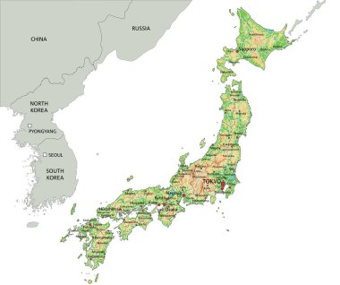 Etiketli yüksek detaylı Japonya fiziksel haritası.