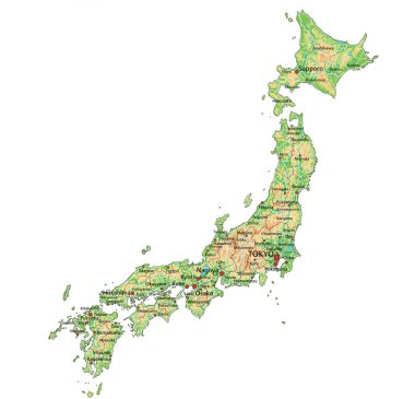 Etiketli yüksek detaylı Japonya fiziksel haritası.