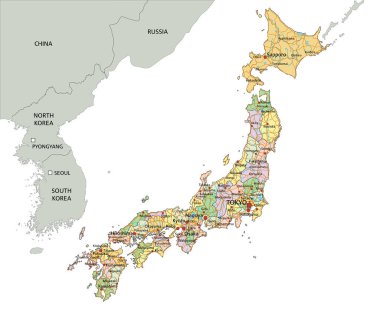 Japonya - Etiketleme ile son derece ayrıntılı düzenlenebilir siyasi harita.