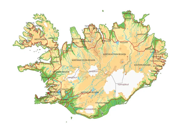 Mapa Físico Islândia Altamente Detalhado Com Rotulagem —  Vetores de Stock