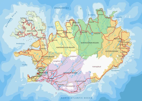 アイスランド ラベル付きの非常に詳細な編集可能な政治地図 — ストックベクタ