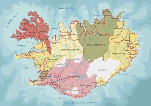 Дуже Детальна Редагована Політична Карта Ісландії — стоковий вектор