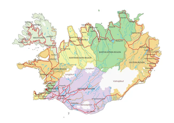 Island Mycket Detaljerad Redigerbar Politisk Karta Med Märkning — Stock vektor