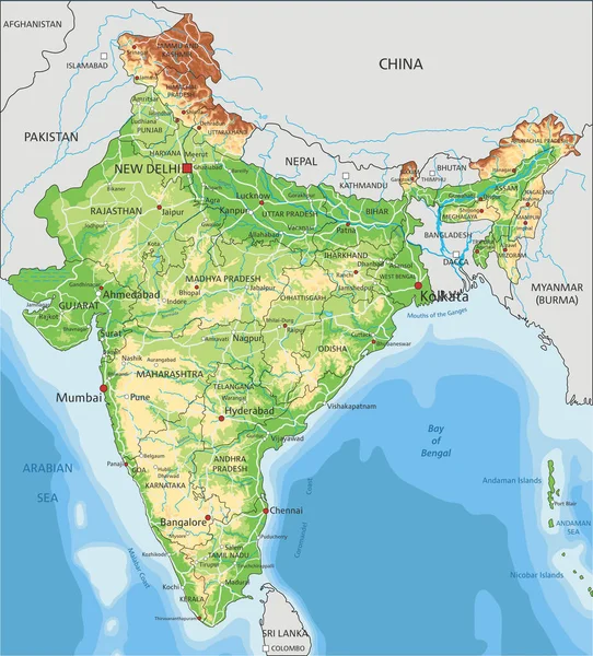 高度详细的带有标签的印度物理地图 — 图库矢量图片