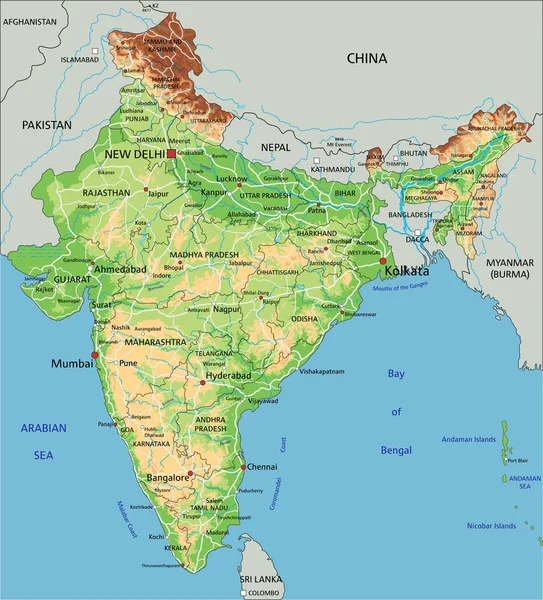 ラベル付きの詳細なインドの物理的な地図 — ストックベクタ