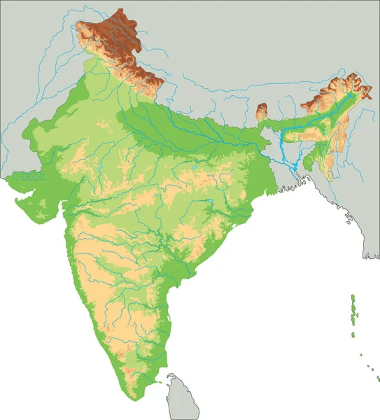 Υψηλή Λεπτομερής Ινδία Φυσικό Χάρτη — Διανυσματικό Αρχείο