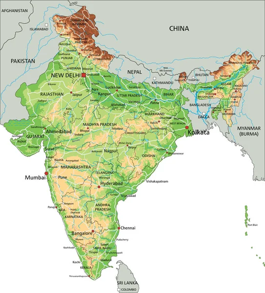高度详细的带有标签的印度物理地图 — 图库矢量图片