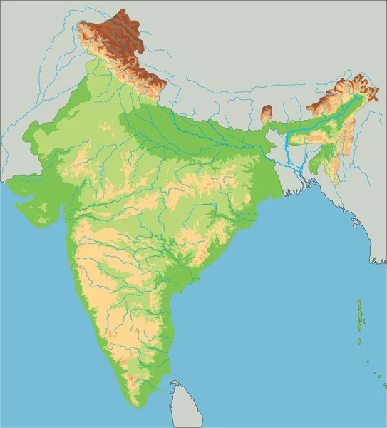 Yüksek Detaylı Hindistan Fiziksel Haritası — Stok Vektör