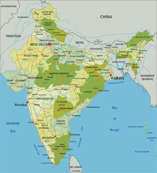 Ayrık Katmanlı Son Derece Detaylı Politik Harita Hindistan — Stok Vektör