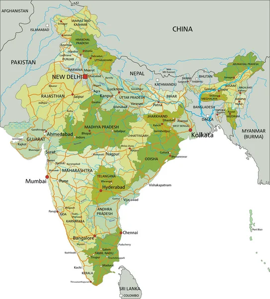 独立したレイヤーを持つ非常に詳細な編集可能な政治マップ インド — ストックベクタ