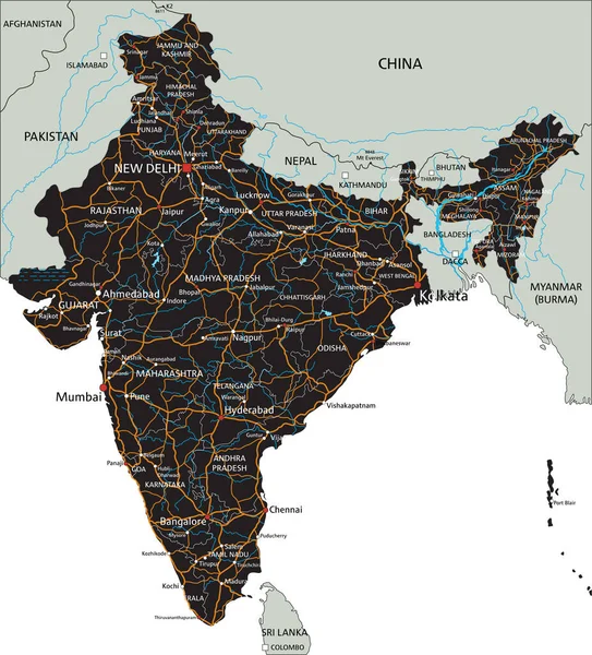 高度详细的带有标签的印度路线图 — 图库矢量图片