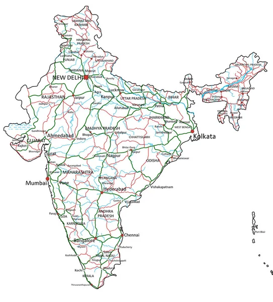 インドの道路や高速道路の地図 ベクターイラスト — ストックベクタ