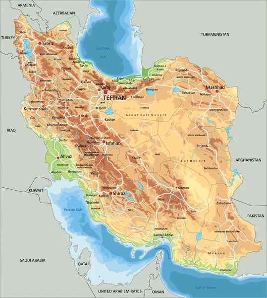 Alta Mappa Fisica Dettagliata Dell Iran Con Etichettatura — Vettoriale Stock