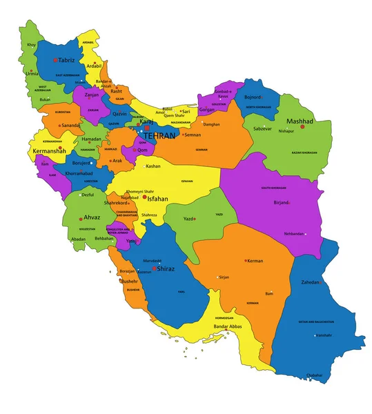 Colorata Mappa Politica Iraniana Con Strati Chiaramente Etichettati Separati Illustrazione — Vettoriale Stock