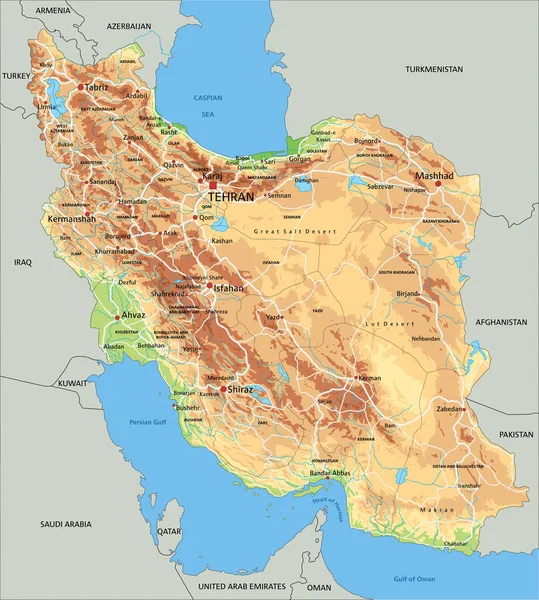 带有标签的高度详细的伊朗物理地图 — 图库矢量图片