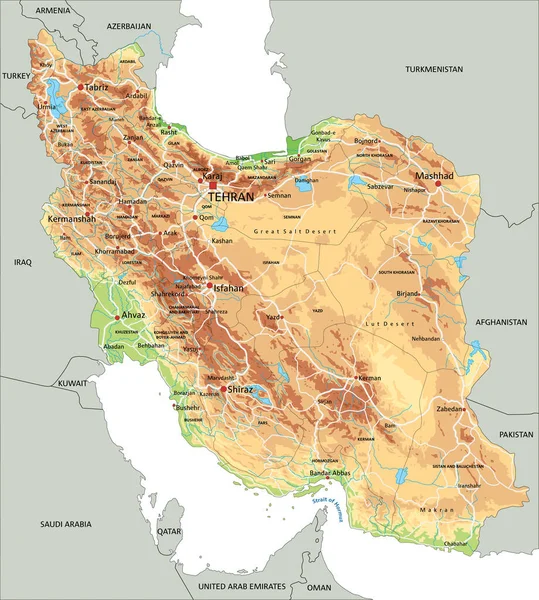 ラベル付きの詳細なイランの物理的な地図 — ストックベクタ