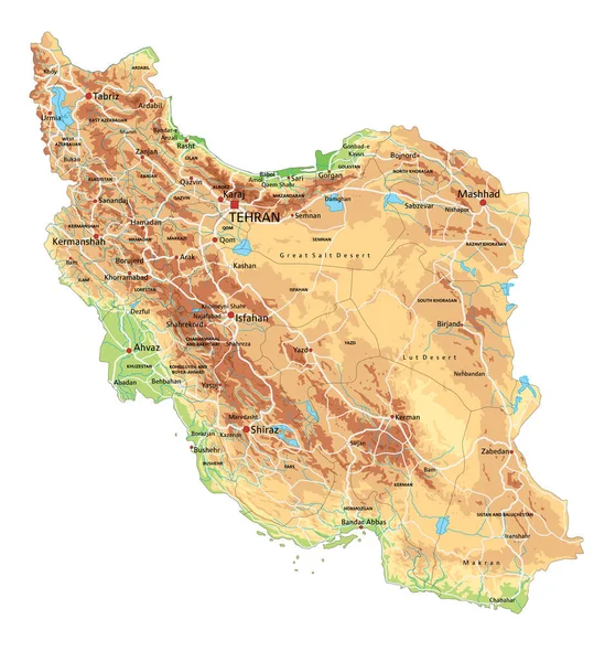 Hoch Detaillierte Physische Landkarte Des Iran Mit Beschriftung — Stockvektor