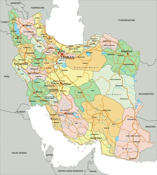 Irán Mapa Político Editable Altamente Detallado Con Etiquetado — Vector de stock