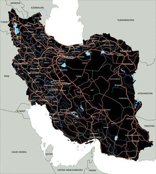 Hochdetaillierte Iran Roadmap Mit Beschriftung — Stockvektor