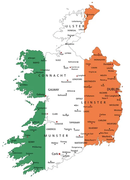 アイルランドの非常に詳細な政治地図と国旗は白地に隔離されている — ストックベクタ