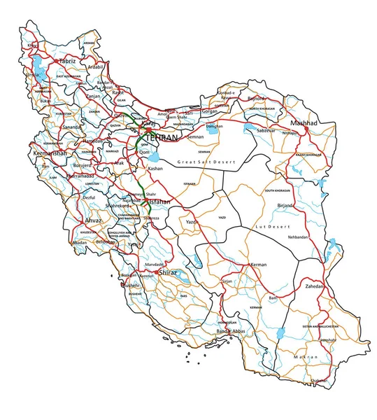 Iran Road Highway Map Inglês Ilustração Vetorial — Vetor de Stock