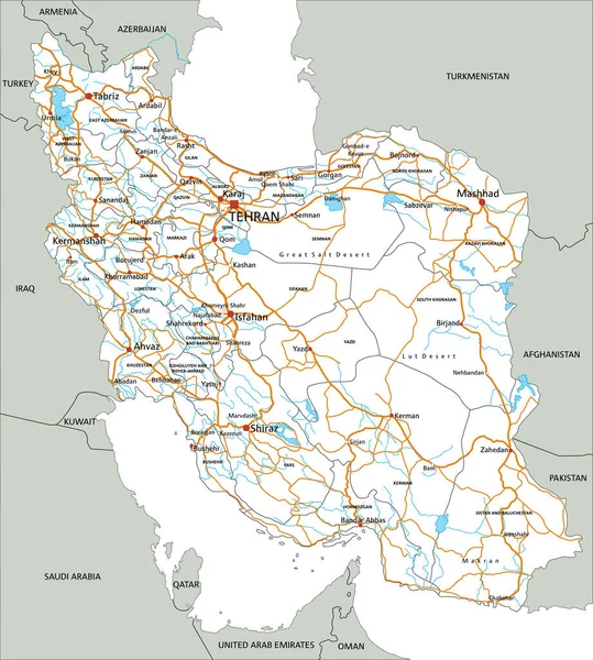 ラベル付きの高詳細イラン道路地図 — ストックベクタ