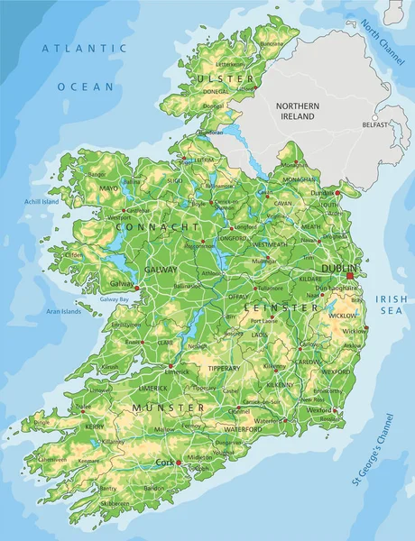 ラベル付きの詳細なアイルランドの物理地図 — ストックベクタ