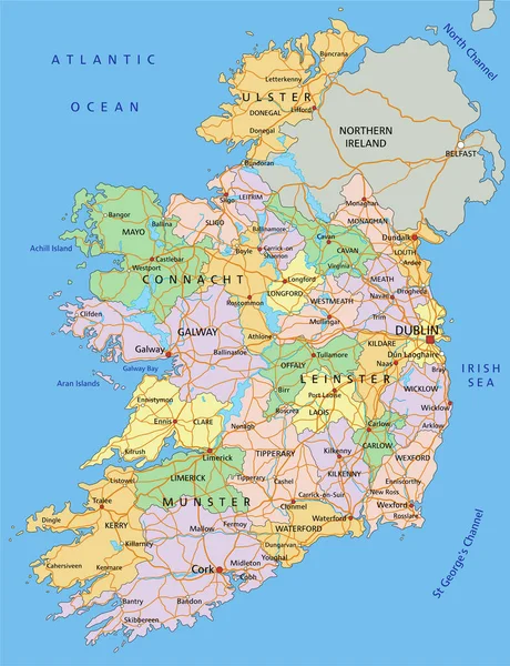 Irlande Carte Politique Très Détaillée Modifiable Avec Étiquetage — Image vectorielle