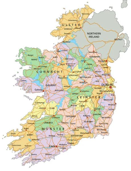 アイルランド ラベル付きの非常に詳細な編集可能な政治地図 — ストックベクタ
