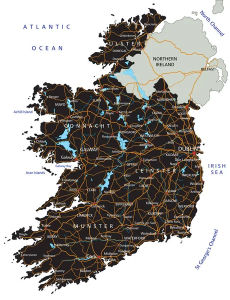 ラベル付きの高詳細アイルランド道路地図 — ストックベクタ