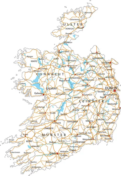 ラベル付きの高詳細アイルランド道路地図 — ストックベクタ