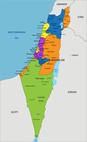 Mapa Político Colorido Israel Com Camadas Claramente Rotuladas Separadas Ilustração — Vetor de Stock