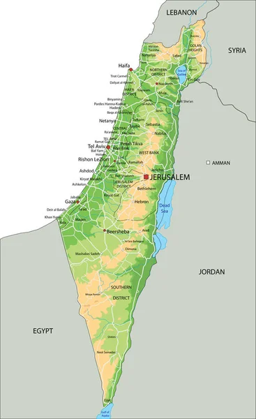 Mapa Físico Detallado Israel Con Etiquetado — Vector de stock