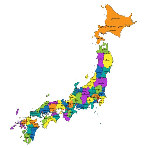 Barevná Japonská Politická Mapa Jasně Označenými Oddělenými Vrstvami Vektorová Ilustrace — Stockový vektor