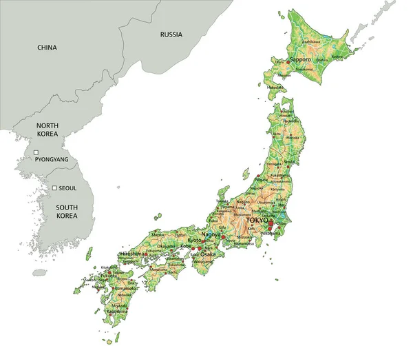 Alto Mapa Físico Detallado Japón Con Etiquetado — Vector de stock