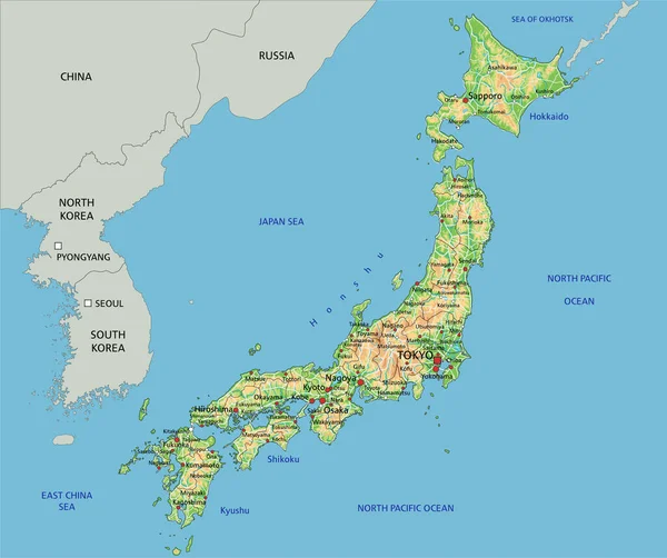 Velmi Podrobná Japonská Fyzická Mapa Označením — Stockový vektor