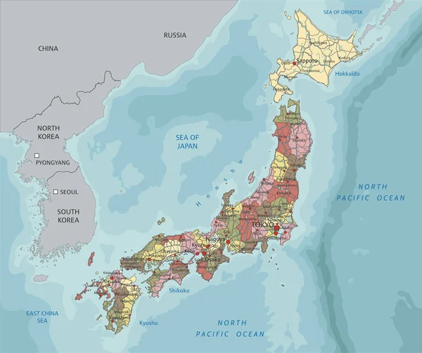 Carte Politique Détaillée Japon — Image vectorielle