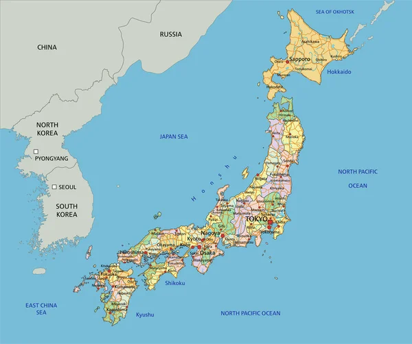 Japón Mapa Político Editable Altamente Detallado Con Etiquetado — Vector de stock