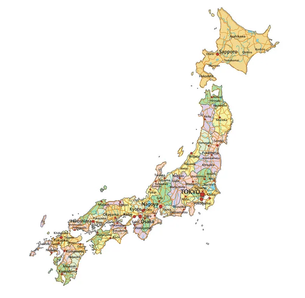 Japon Carte Politique Éditable Très Détaillée Avec Étiquetage — Image vectorielle