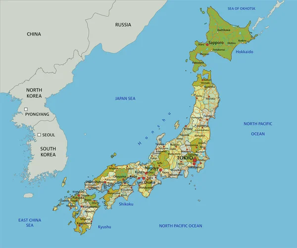 Дуже Детальна Редагована Політична Карта Розділеними Шарами Японія — стоковий вектор
