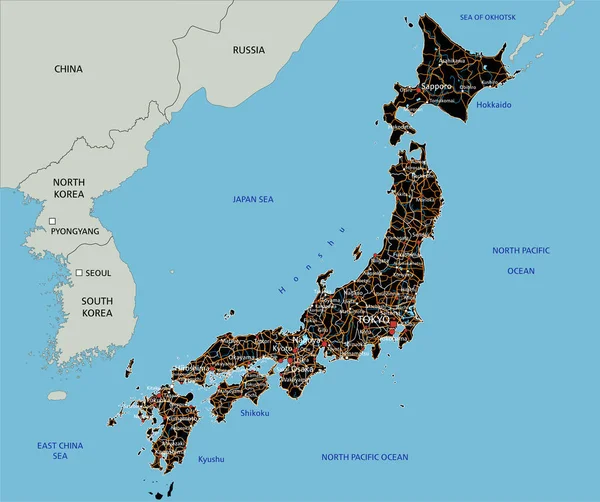 Детальная Карта Японии Маркировкой — стоковый вектор