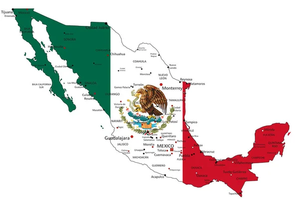 México Mapa Político Altamente Detallado Con Bandera Nacional — Archivo Imágenes Vectoriales