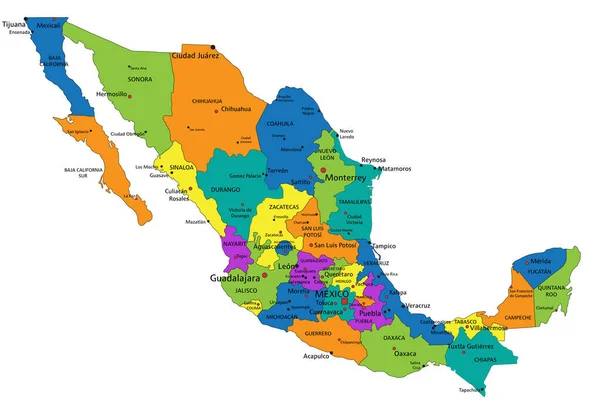 Colorata Mappa Politica Del Messico Con Strati Chiaramente Etichettati Separati — Vettoriale Stock