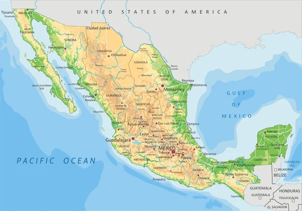 Alta Mappa Fisica Dettagliata Del Messico Con Etichettatura — Vettoriale Stock