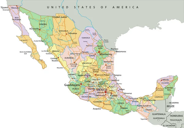 Mexiko Vysoce Podrobná Upravitelná Politická Mapa Označením — Stockový vektor