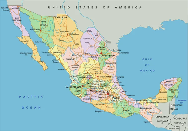 墨西哥 附有标签的高度详细的可编辑政治地图 — 图库矢量图片
