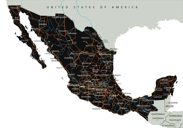 Hoge Gedetailleerde Mexico Routekaart Met Etikettering — Stockvector
