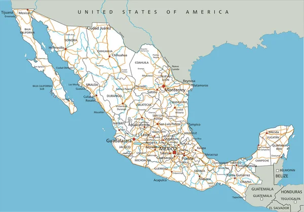 Hoge Gedetailleerde Mexico Routekaart Met Etikettering — Stockvector