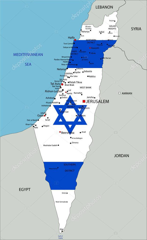 Israel highly detailed political map with national flag.