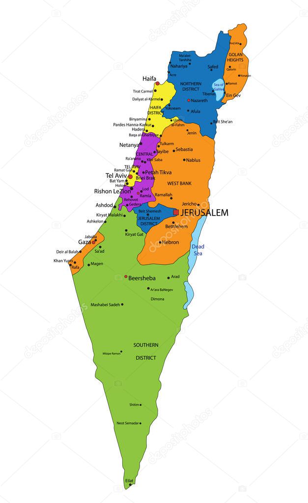 Colorful Israel political map with clearly labeled, separated layers. Vector illustration.